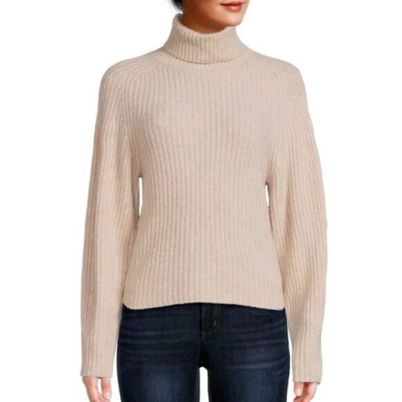 Vince Open-Back Turtleneck Ribbed Cashmere Sweater, Heather Beige - Picture 1 of 2